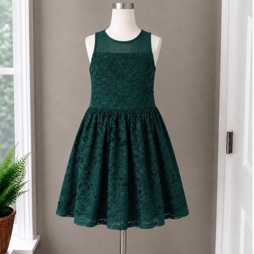 Zenzi Girls Forest Green Floral Lace Mesh Yoke Keyhole Back Holiday Dress M 7/8